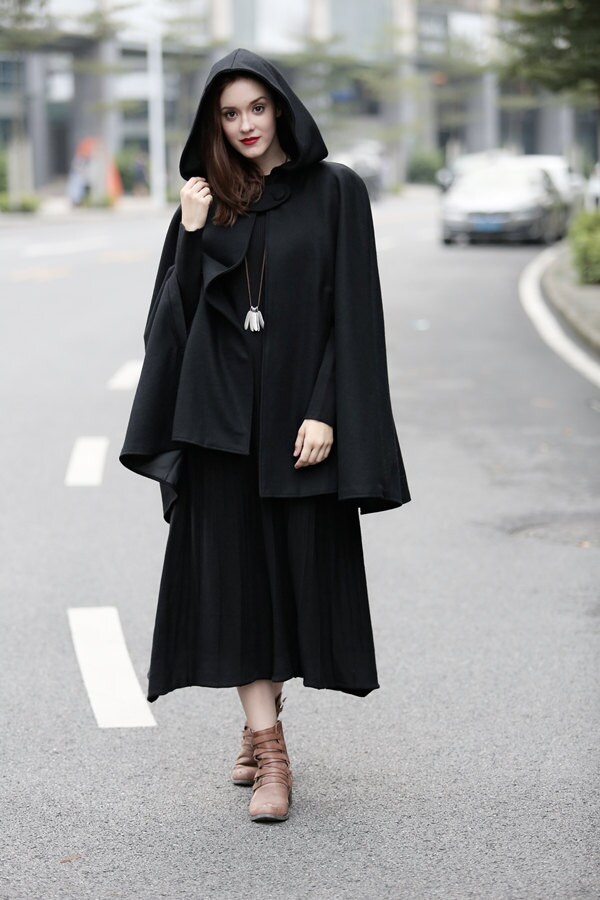 Black Wool Cashmere Cape Coat  Luxury Quality –