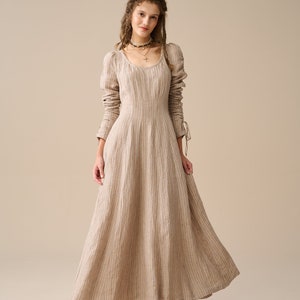 Corset Linen dress in khaki gray stripes, regency dress, medieval dress, vintage dress, linen casual dress, cottagecore dress | Linennaive