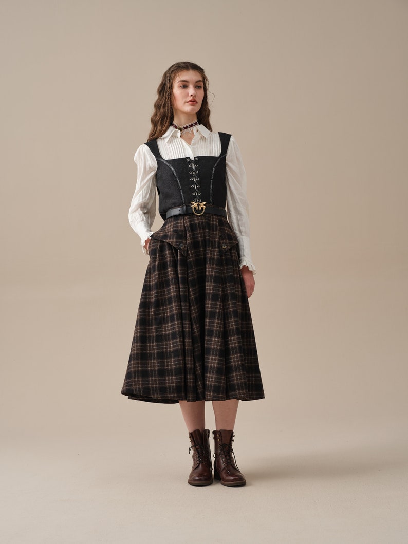 Retro Plaid Midi Wool Skirt, Brown wool skirt, vintage wool skirt, elegant skirt, pockets wool skirt, Handmade skirts Linennaive image 3