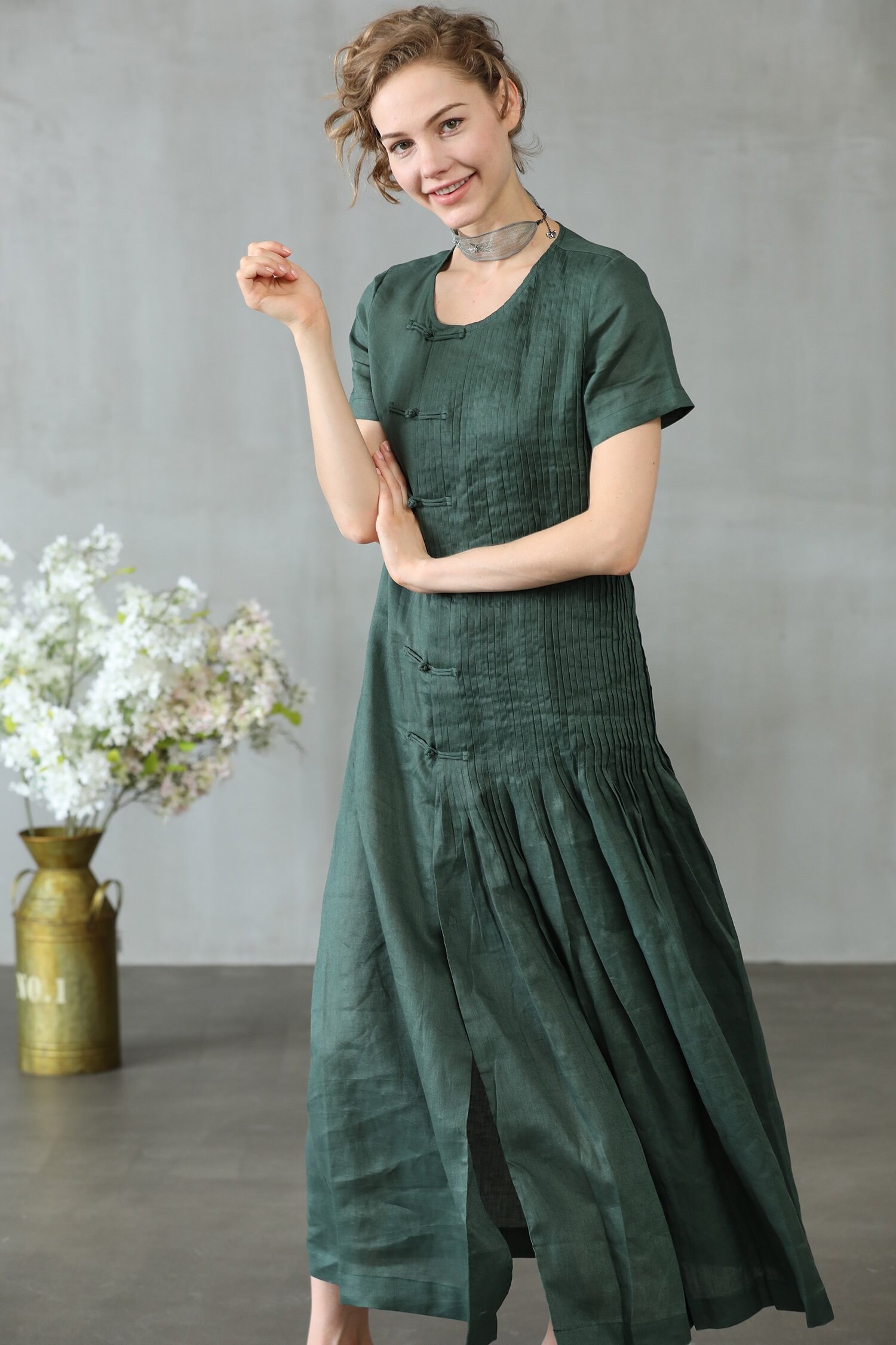 Linen dress in green maxi dress cocktail dress evening | Etsy