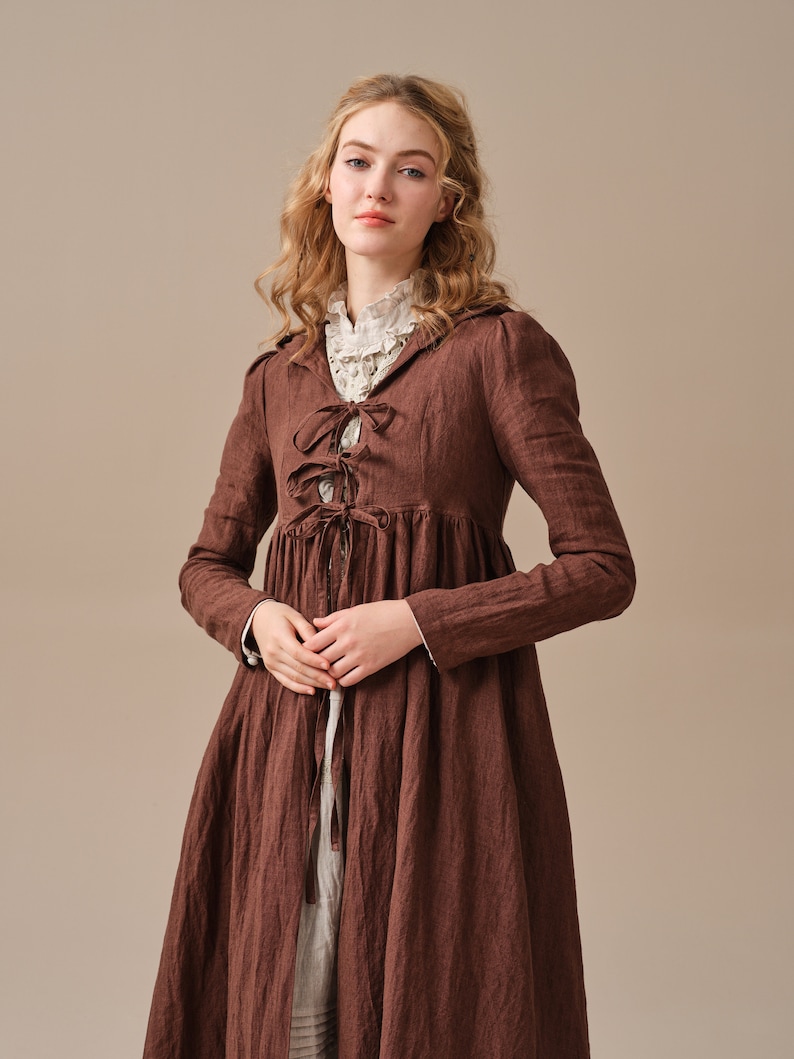 Winter linen coat in Brown, maxi coat, tied linen jacket coat, vintage coat dress, little women coat Linennaive image 4