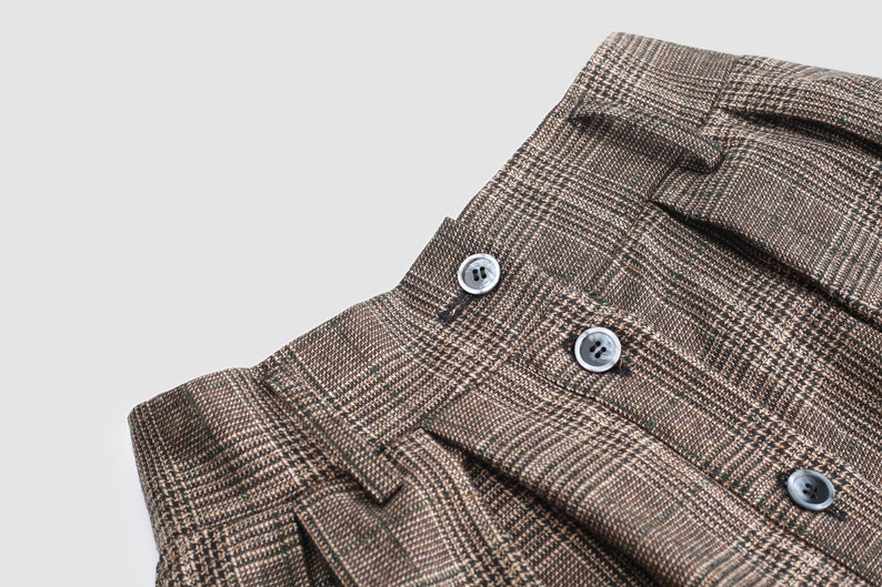 Retro Plaid Midi Wool Skirt, brown wool skirt, Button front Midi Skirt, Pleat Skirt, pockets skirts, Plus Size Skirt Linennaive image 9