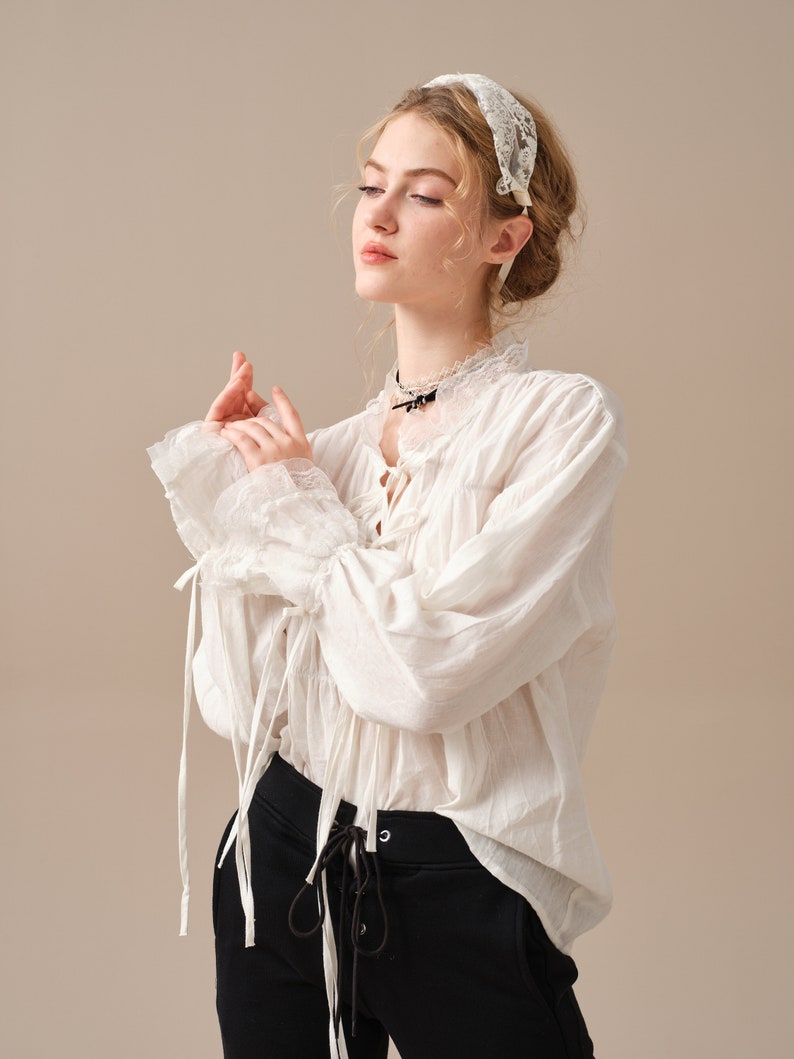 Lace up linen blouse, white linen blouse, ruffle blouse, victorian blouse, women blouse, long-sleeved shirt, oversized blouse Linennaive image 7