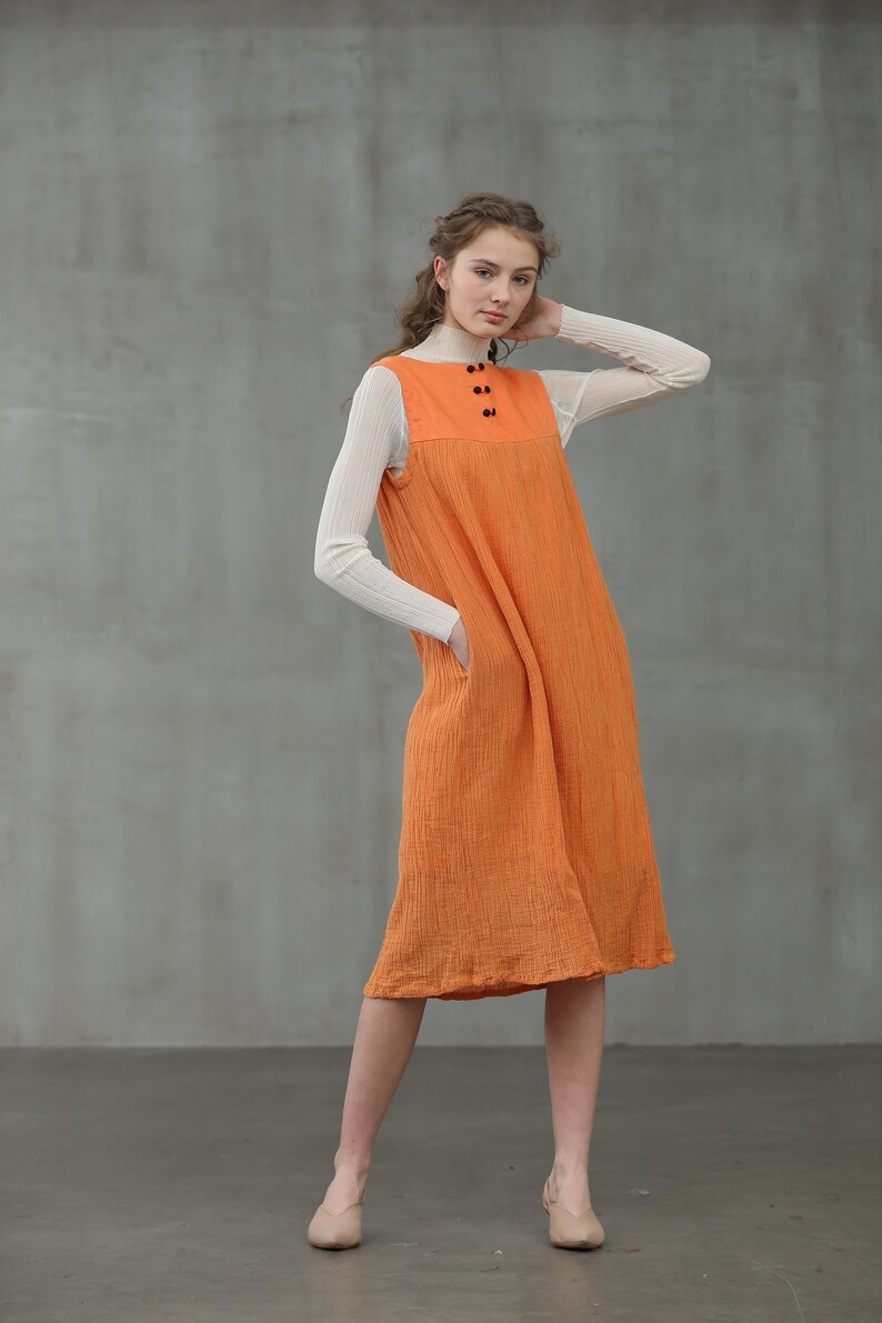 linen dress in orange, linen jumper, square sleeveless dress Linennaive image 1