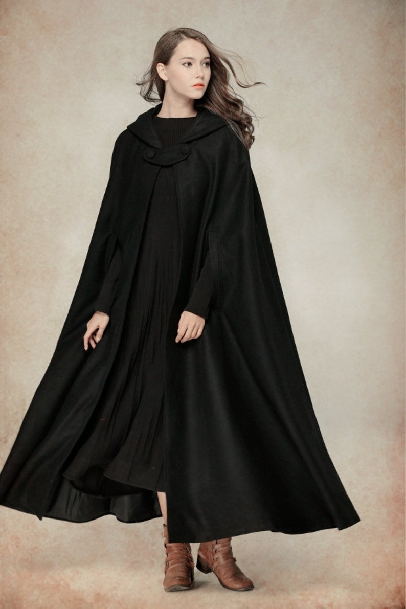 Wool Coat Jacket, Wool Cape, Black Hooded Cloak, Winter Cape, Black Cape, 100% Wool Black Cloak, Maxi Coat, Long Wool Coat, Linennaive image 2