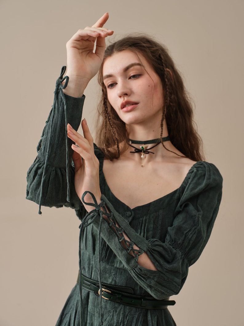 Corset Linen dress in Teal, regency dress, medieval linen dress, maxi linen dress, fit and flared dress Linennaive image 9