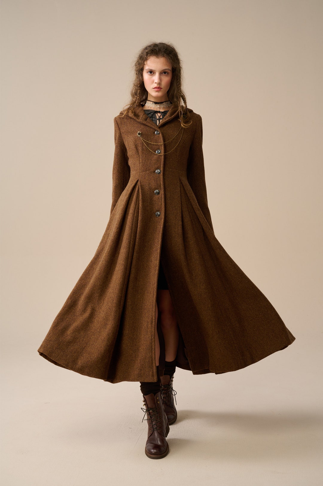 Hooded Maxi Wool Coat in Mocha Brown, Retro Hooded Wool Coat, Classic