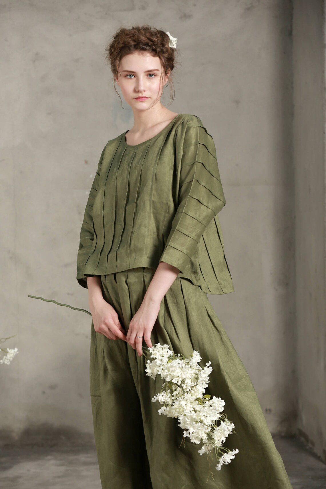 Pintuck linen blouse shirt tunic top moss green shirt Etsy