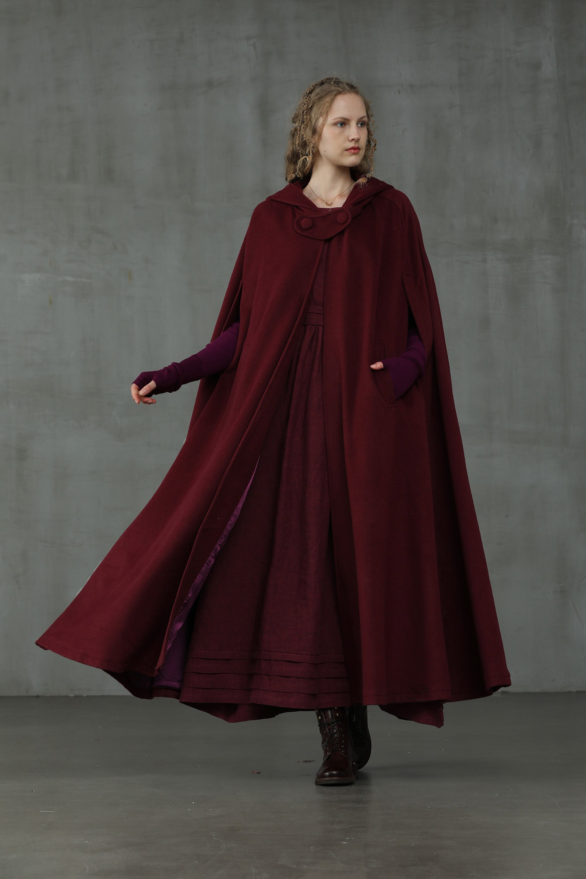  Gihuo Women's Wool Hooded Cape Solid Color Maxi Cloak