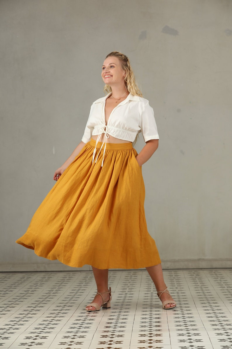 PLUS SIZE linen skirt in yellow and ashed lilac, linen skirt, a line skirt, retro skirt, midi skirt, flared skirt, 1950 skirt image 7