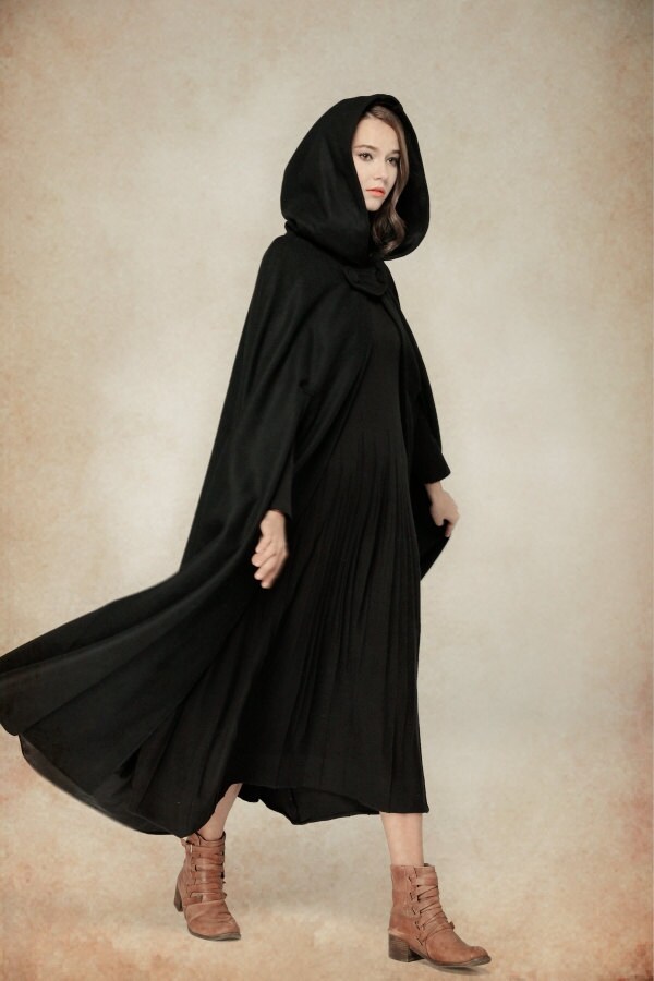 Flare Wool Coat Jacket, Black Hooded Cloak, Winter Cape, Black Cape, Black Cloak, Maxi Coat, Long Wool Coat, Hooded Wool Coat Linennaive - Etsy Flare Wool Coat Jacket, Black Hooded Cloak, Winter Cape, Black Cape, Black Cloak, Maxi Coat, Long Wool Coat, Hooded Wool Coat Linennaive - Etsy