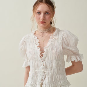 Smocked linen blouse in white, ruffle blouse, puff-sleeve blouse, short sleeved blouse, victorian blouse, summer blouse | Linennaive