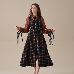 tartan wool dress in brown, ruffle dress, belt dress, elegant dresses, vintage dress, winter dress Linennaive image 7