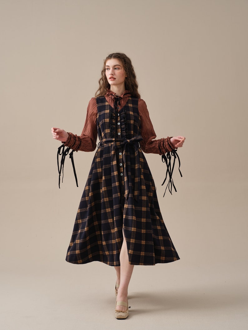tartan wool dress in brown, ruffle dress, belt dress, elegant dresses, vintage dress, winter dress Linennaive image 7