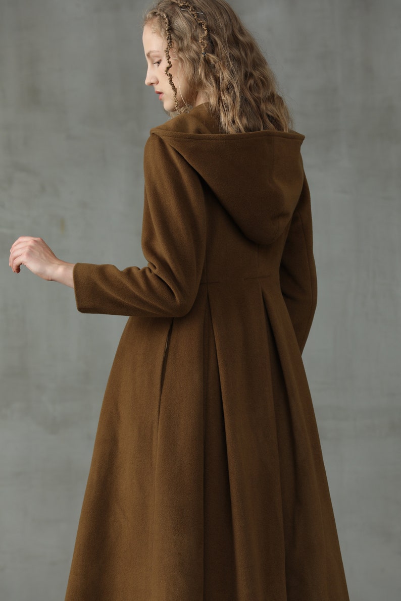 hooded maxi wool coat, retro hooded wool coat, maxi camel coat, wool coat, vintage coat, winter coat, fit and flare coat image 3