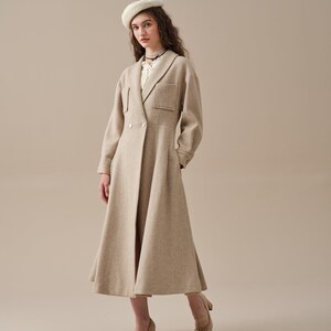 maxi wool coat in oat cream, women coat, double breasted coat, winter coat, retro coat, warm coat Linennaive image 2