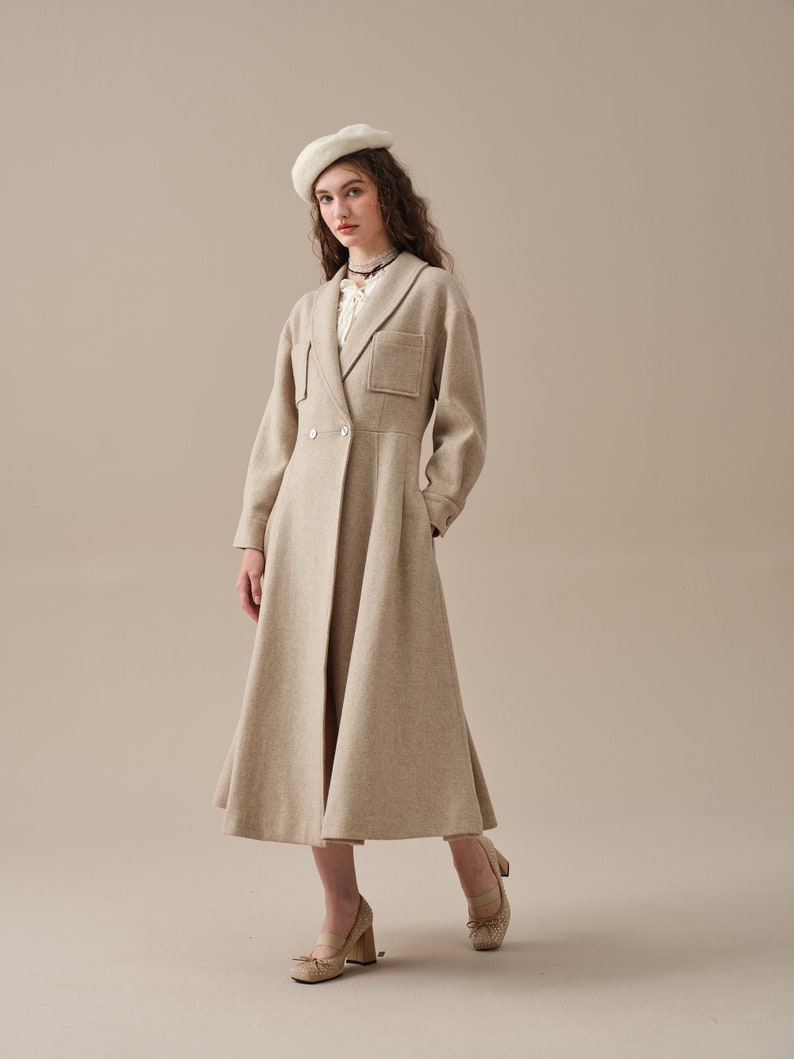 maxi wool coat in oat cream, women coat, double breasted coat, winter coat, retro coat, warm coat Linennaive image 2