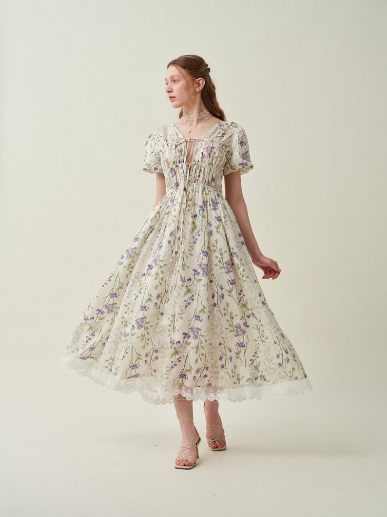 Floral linen dress, shirred dress in violet, puff sleeve dress, summer dress, elegant dress, vintage dress, plus women dress Linennaive zdjęcie 1