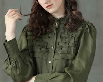 Olive weaving linen shirt, button-up linen shirt, longsleeve linen shirt, puff sleeve blouse, victorian blouse | Linennaive