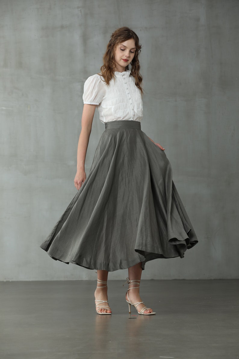 maxi linen skirt in SlateGray, wedding skirt, bridal skirt, full skirt, long skirt, flared skirt, skater skirt Linennaive image 3