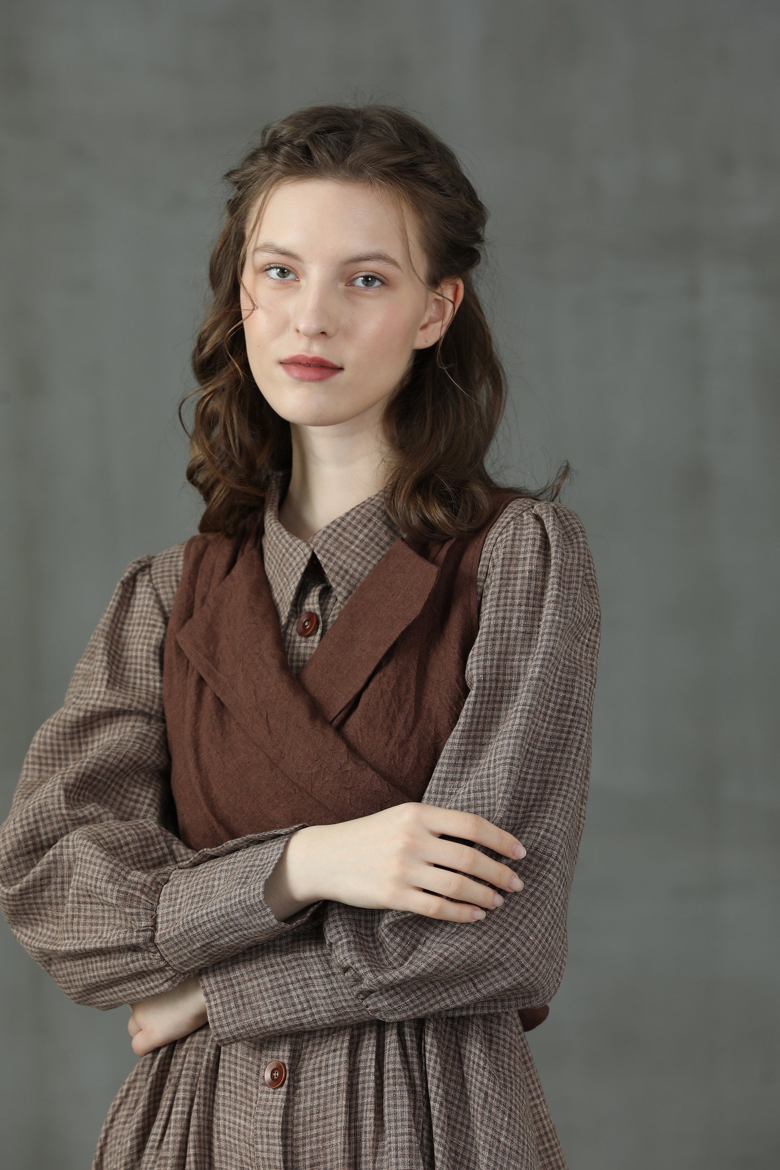 Shirt Corset Linen Dress Check Dress Spliced Dress Brown Etsy