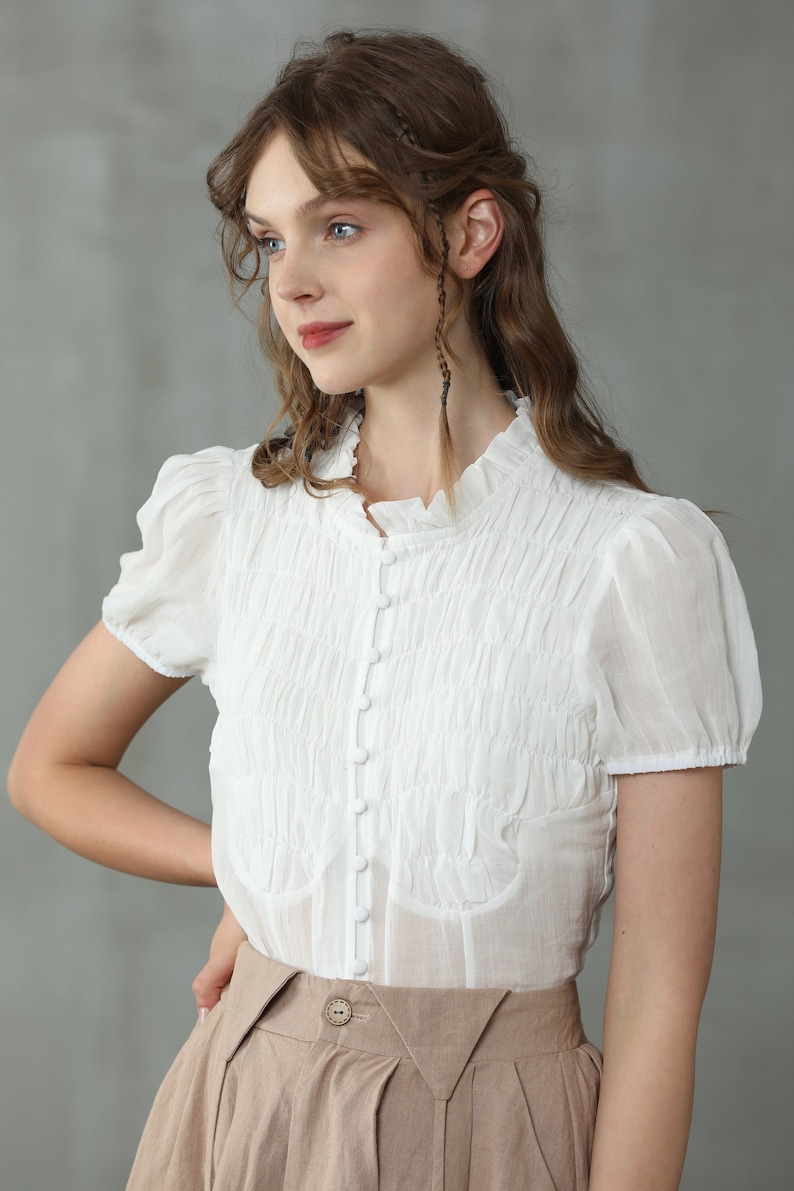 smocked linen blouse in white, puff-sleeve ruffled blouse, short sleeved blouse, victorian blouse, button-front linen shirt Linennaive image 1