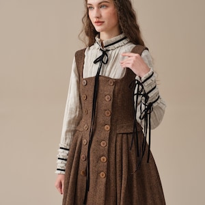 double breasted wool dress, brown triped dress, tartan dress, sleeveless dress, vintage dress | Linennaive