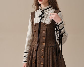 double breasted wool dress, brown triped dress, tartan dress, sleeveless dress, vintage dress | Linennaive
