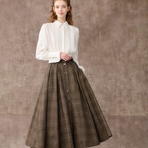 Retro Plaid Midi Wool Skirt, brown wool skirt, Button front Midi Skirt, Pleat Skirt, pockets skirts, Plus Size Skirt Linennaive image 2