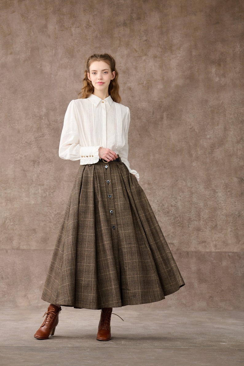 Retro Plaid Midi Wool Skirt, brown wool skirt, Button front Midi Skirt, Pleat Skirt, pockets skirts, Plus Size Skirt Linennaive image 2