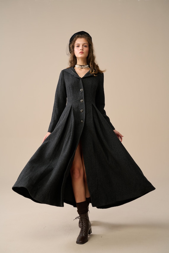Hooded Maxi Wool Coat in Starry Black, Retro Wool Coat