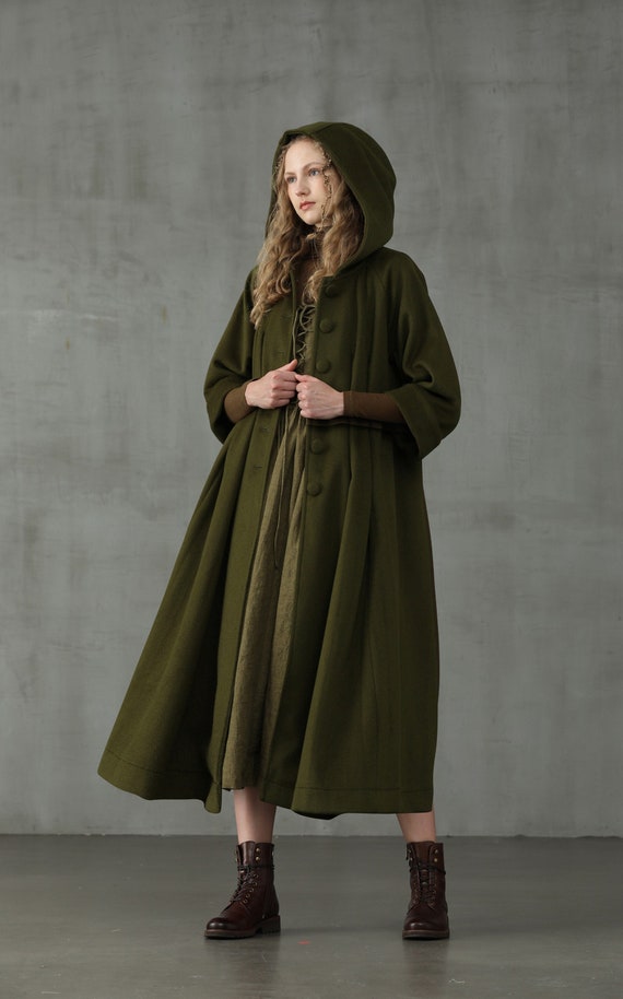 Hooded Wool Coat Jacket in Moss Green Retro Hooded Wool Coat - Etsy