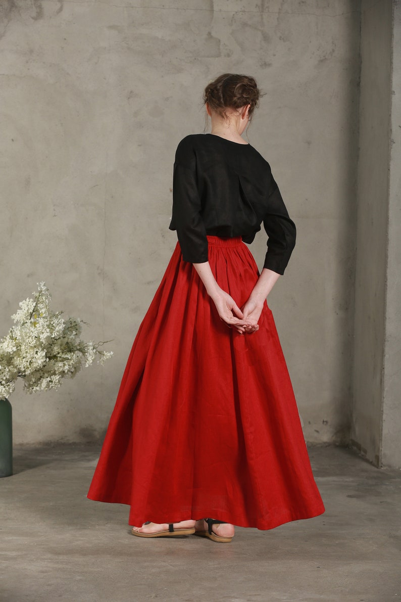 Red Linen Maxi Skirt