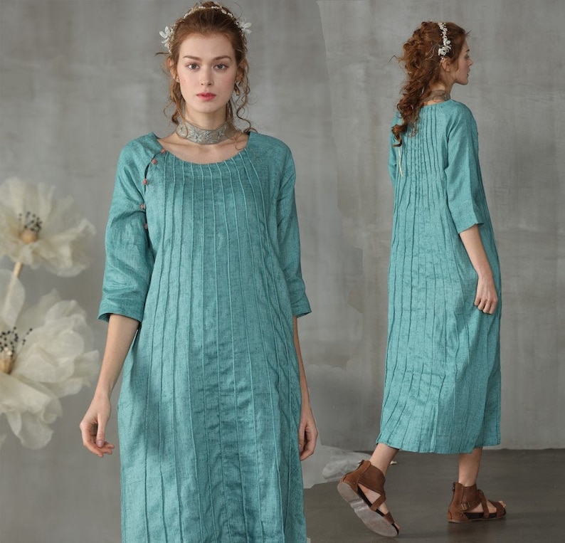 fall dress boho dress pintucked linen dress green dress midi dress Linennaive long dress