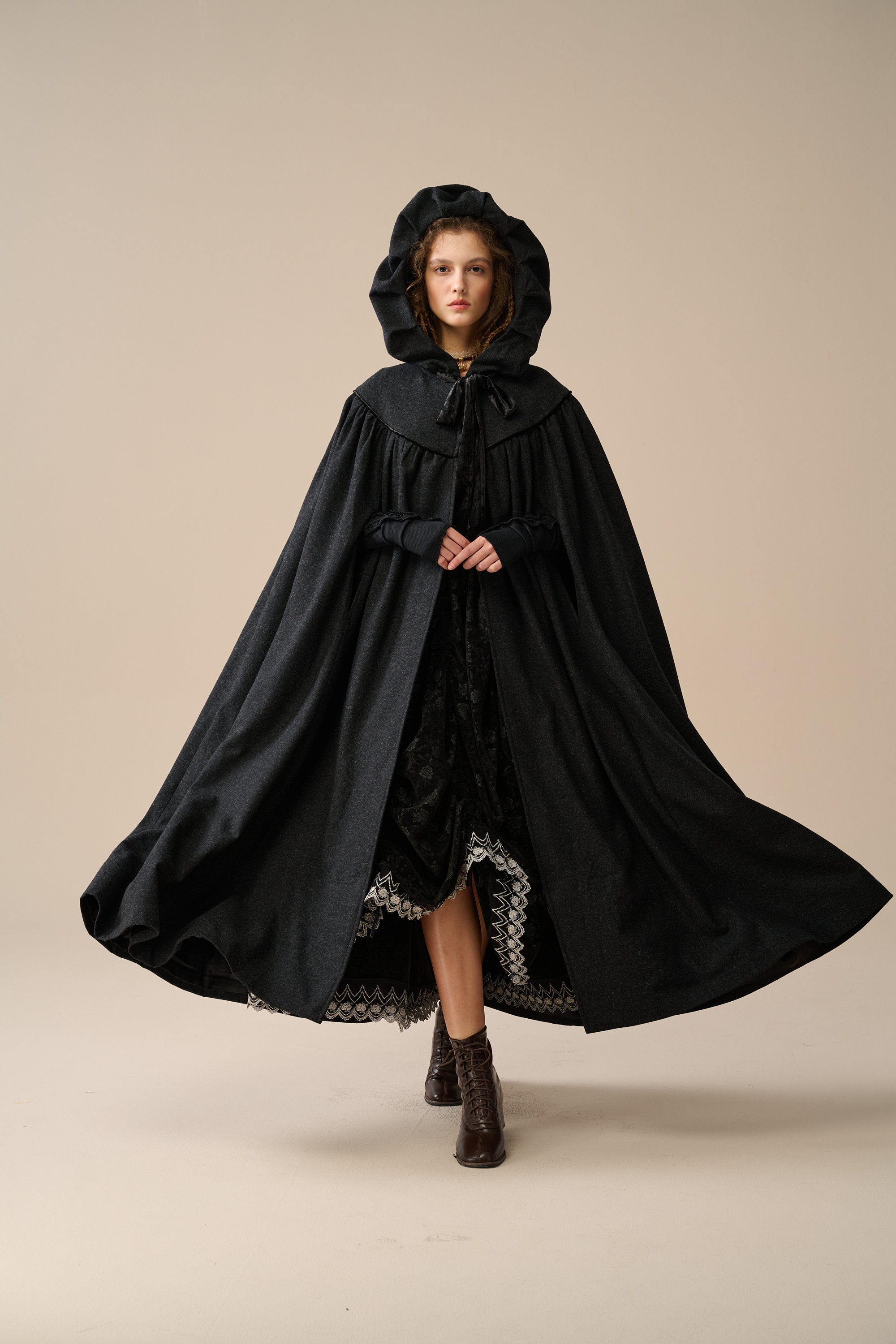 ★新春福袋2025★ Hooded Maxi Cape, Cloak Hooded Black Cape, Cloak Wool ジャケット・アウター