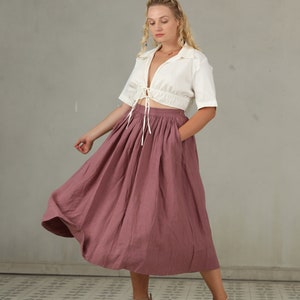 PLUS SIZE linen skirt in yellow and ashed lilac, linen skirt, a line skirt, retro skirt, midi skirt, flared skirt, 1950 skirt image 2
