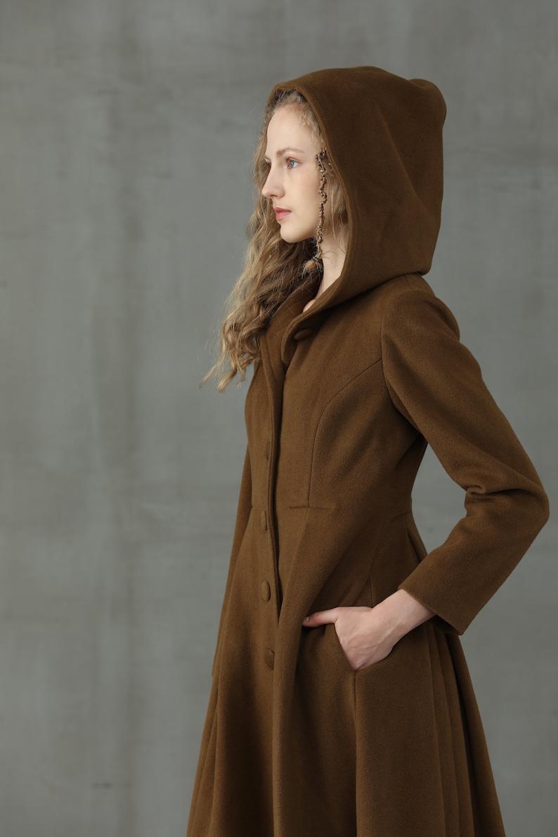 hooded maxi wool coat, retro hooded wool coat, maxi camel coat, wool coat, vintage coat, winter coat, fit and flare coat image 8