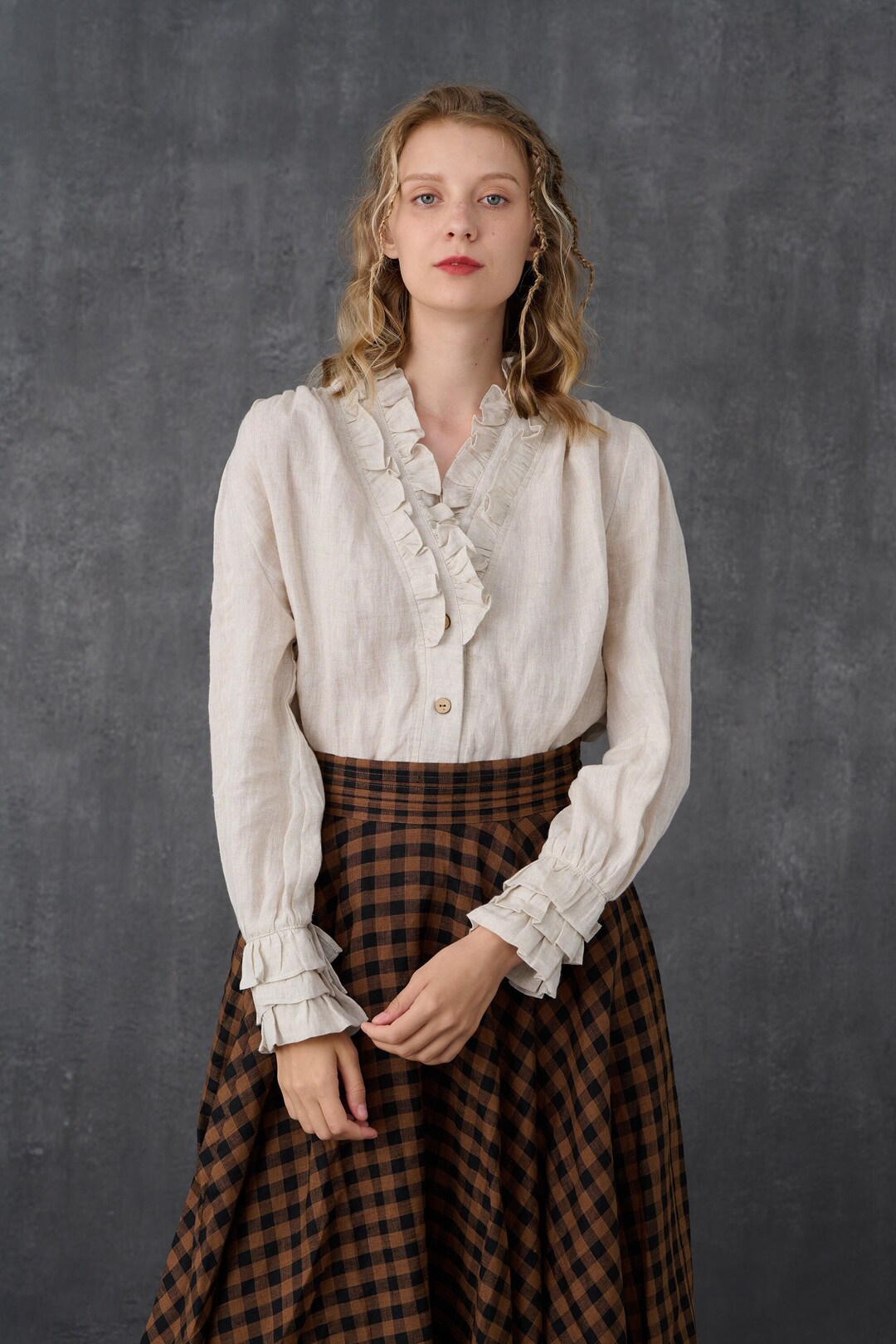 Ruffled Linen Blouse in Beige Victorian Blouse Vintage Linen Etsy