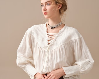 White linen blouse, lace up blouse, Puff Sleeve Blouse, Long-sleeved shirt, victorian blouse, plus size shirt, women blouse | Linennaive