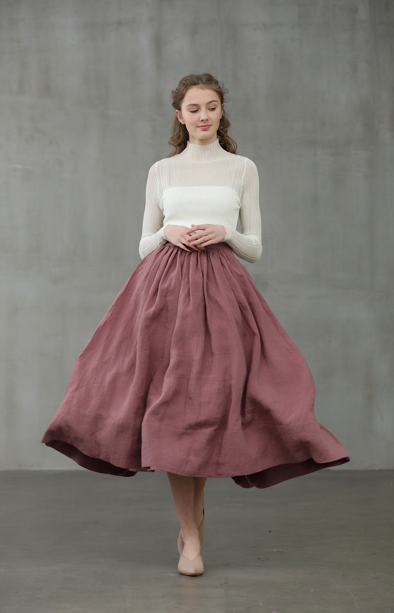 ashed lilac midi linen skirt, a line skirt, pleated flared skirt, 1950 skirt Linennaive image 1