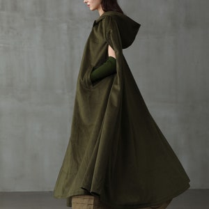 Linennaive cloak, Maxi Hooded Wool Coat Cloak, 100% Wool, Maxi woolCape, Hooded Cape, Wool Hooded Cloak In Green,Black, Grey image 7