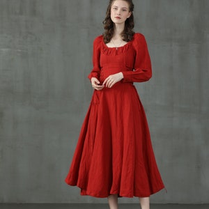 maxi red linen dress, lacing up linen dress, maxi linen dress, cocktail dress, flared evening dress Linennaive image 9