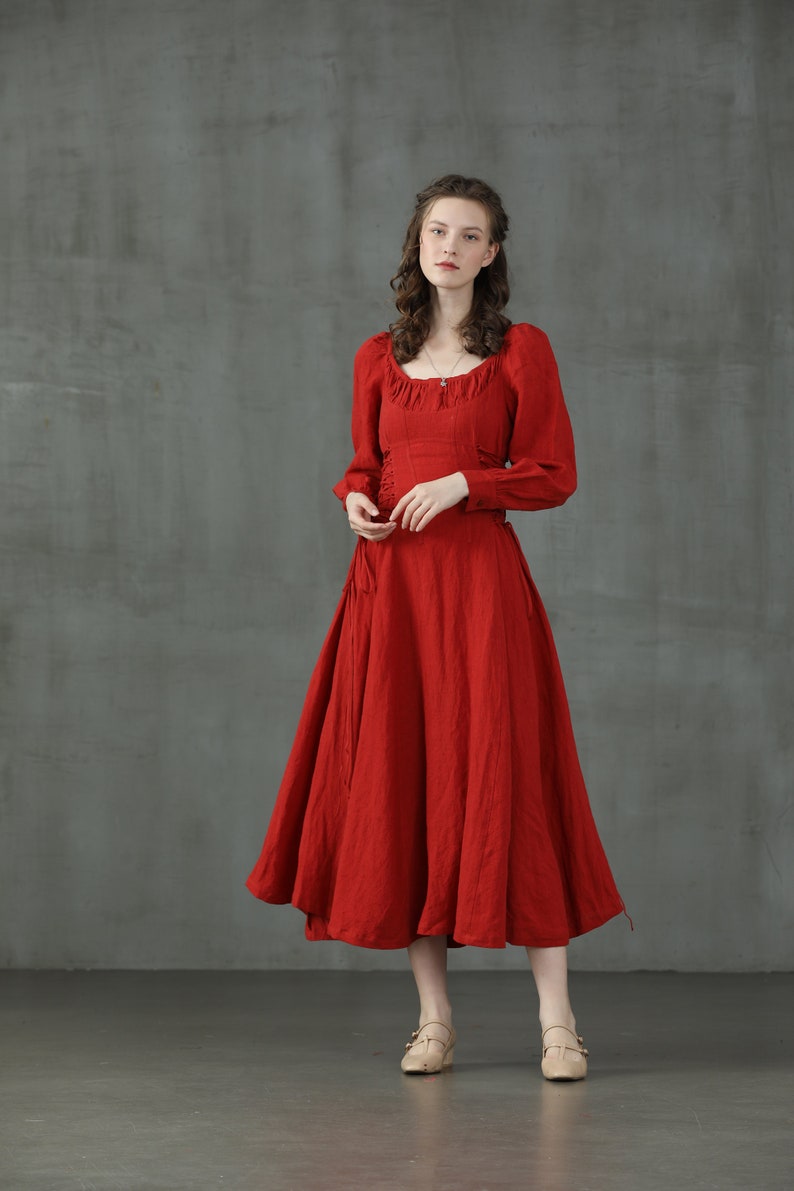 maxi red linen dress, lacing up linen dress, maxi linen dress, cocktail dress, flared evening dress Linennaive image 9