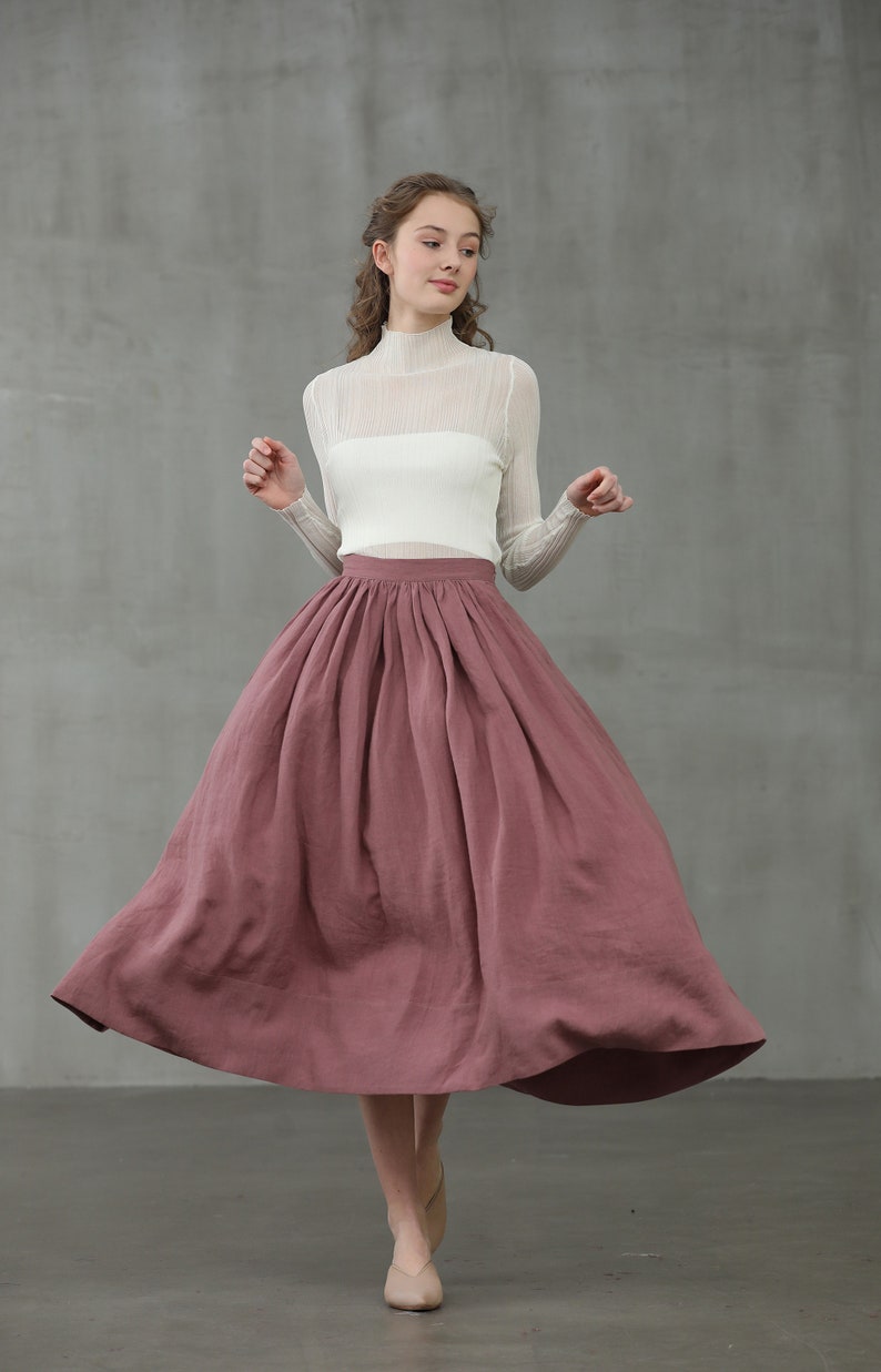 ashed lilac midi linen skirt, a line skirt, pleated flared skirt, 1950 skirt Linennaive image 4