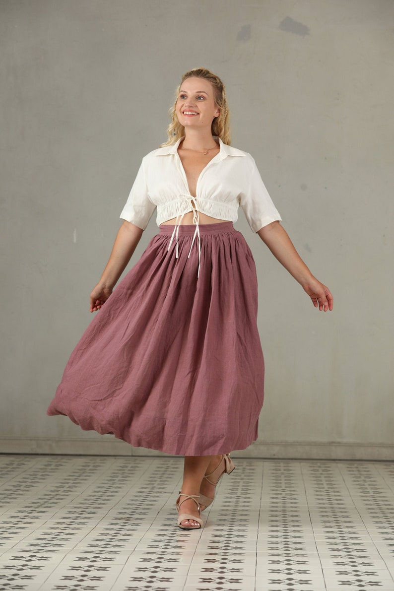 PLUS SIZE linen skirt in yellow and ashed lilac, linen skirt, a line skirt, retro skirt, midi skirt, flared skirt, 1950 skirt image 1