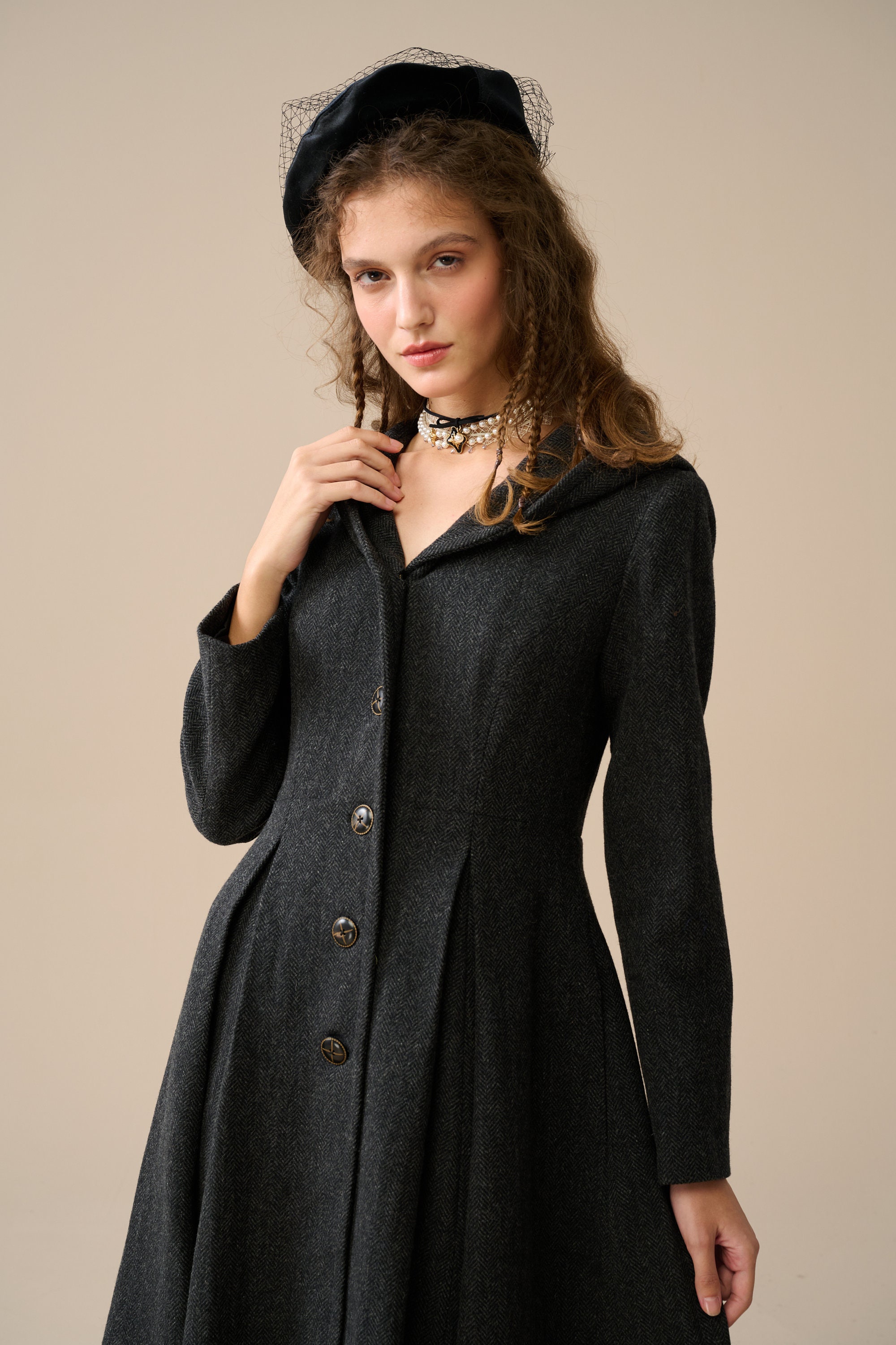 Hooded Maxi Wool Coat in Starry Black, Retro Wool Coat