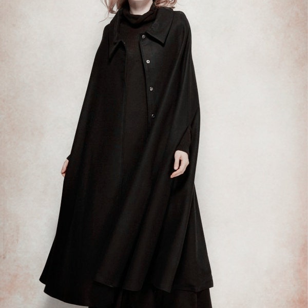 Black Cashmere Coat, Wool Cloak, Bing Swing wool Coat, Winter Women Coat Jacket - loose style- Wool Cape, single breasted coat