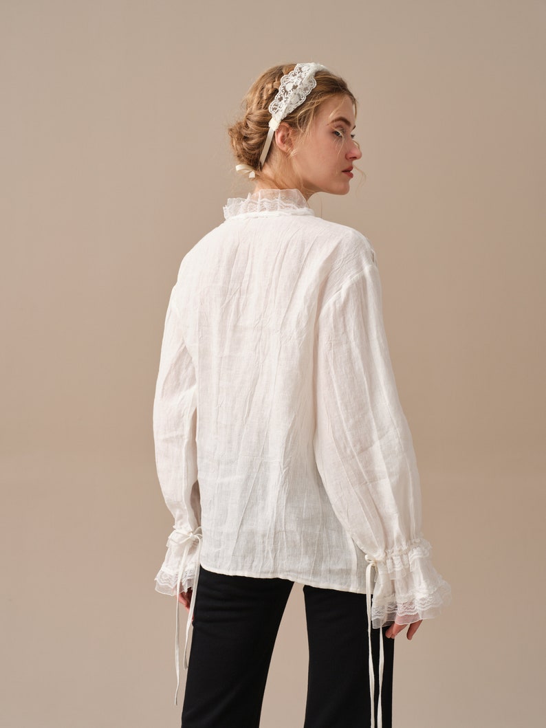 Lace up linen blouse, white linen blouse, ruffle blouse, victorian blouse, women blouse, long-sleeved shirt, oversized blouse Linennaive image 10