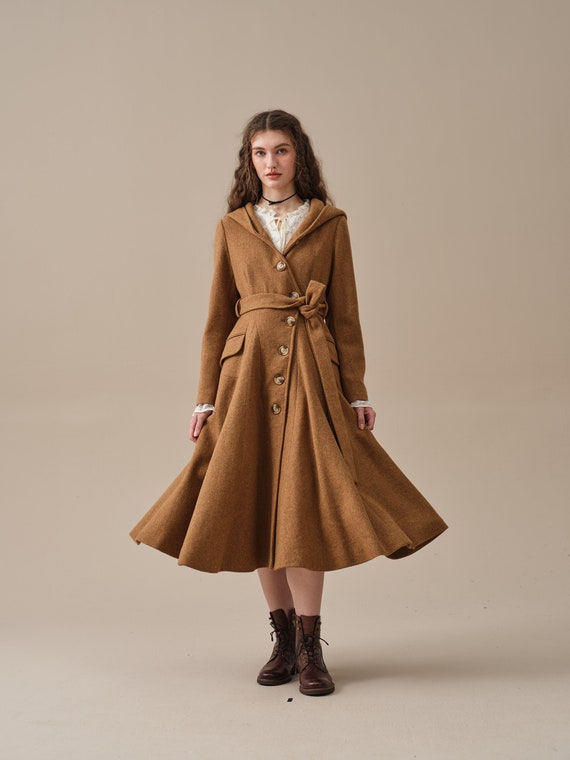 Hooded Wool Coat in Sandybrown Belted Waisted 100 Wool Coat Winter Wool Coat Single breasted Wool Coat Retro Wool Coat Linennaive Etsy Israel