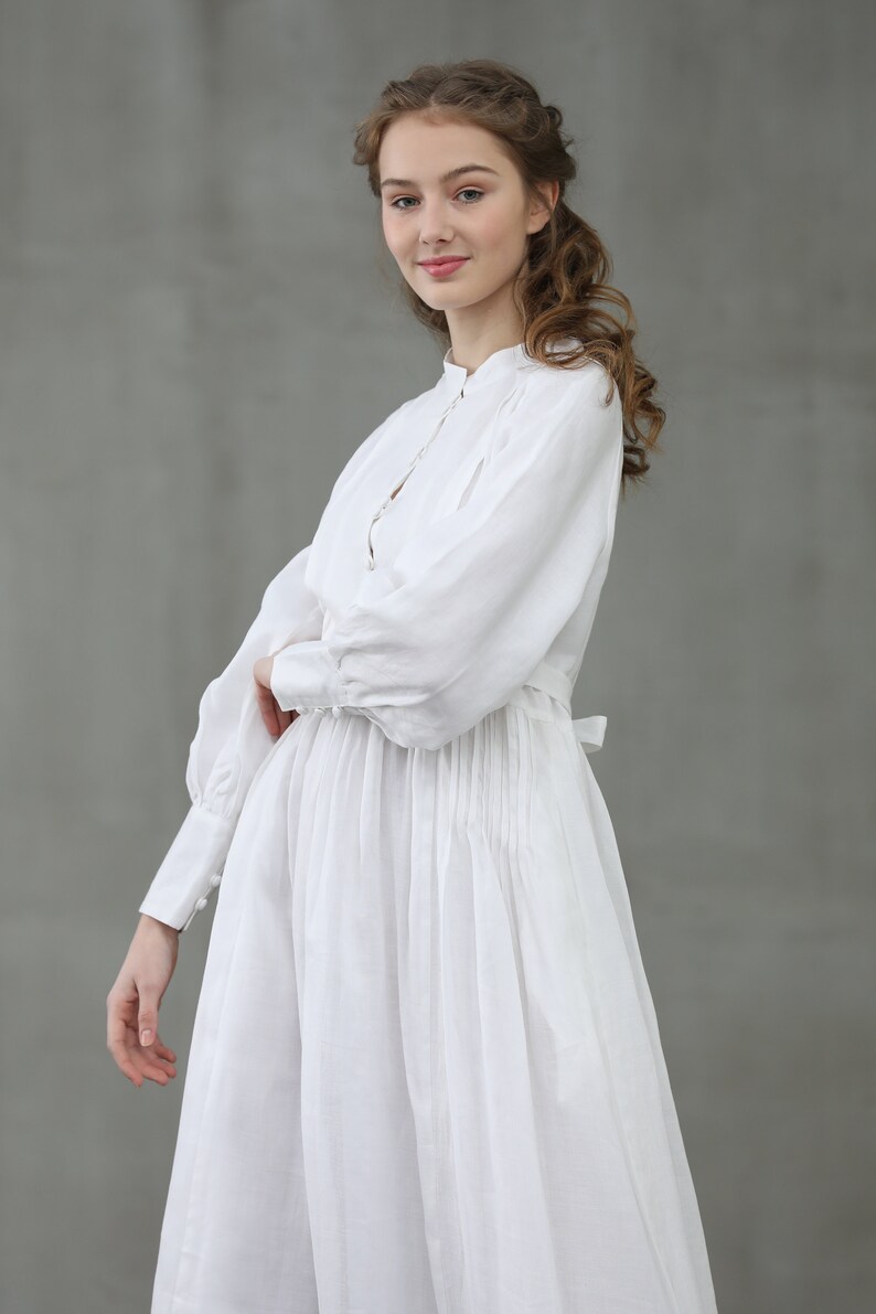 White linen dress maxi linen dress puff sleeve pleated | Etsy